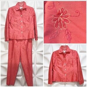 Rafael Sz 6 6P P6 Pink Embroidered 100% SILK Dupioni Beaded Pant Jacket 2pc Set